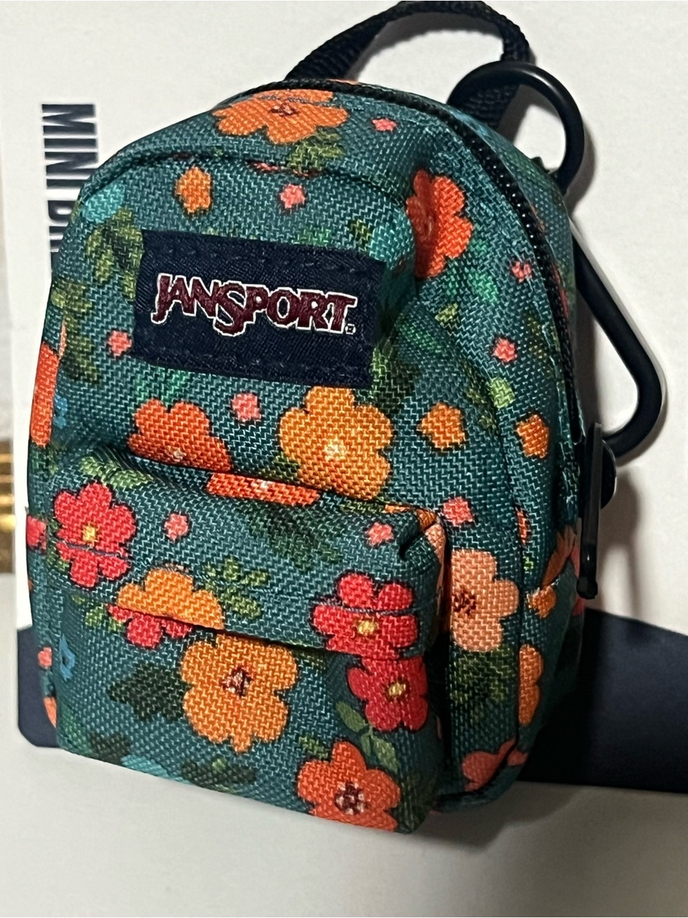 Jansport Floral Keychain Mini Backpack - Teal with Orange & Pink Flowers